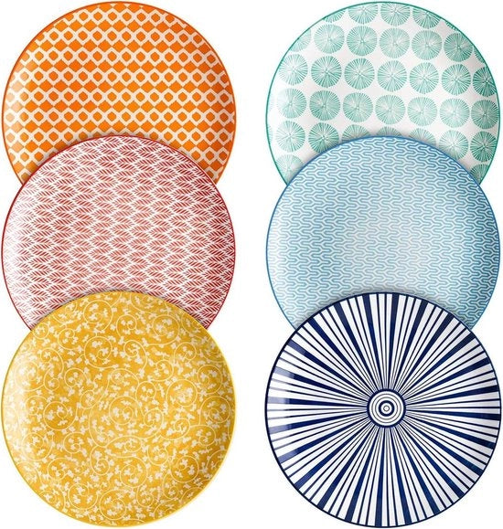 Set di piatti in porcellana di 8" a grandi dimensioni per salate, pancake e bistecche in sei diverse colori.