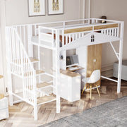 Letto a castello in metallo e legno bianco con recinzione di sicurezza e finestra 90x200 cm
