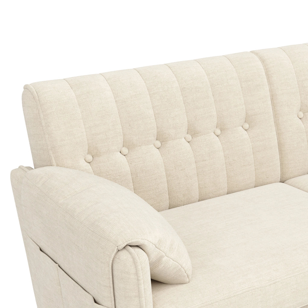 Divano a 2 posti in ciniglia beige con cuscini bracciolo; tasche laterali e gambe in legno; 161;5 cm