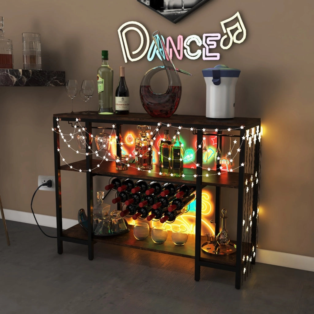Mobile bar vino con 3 ripiani porta calici porte USB e prese struttura in metallo-Portabottiglie industriale Marrone