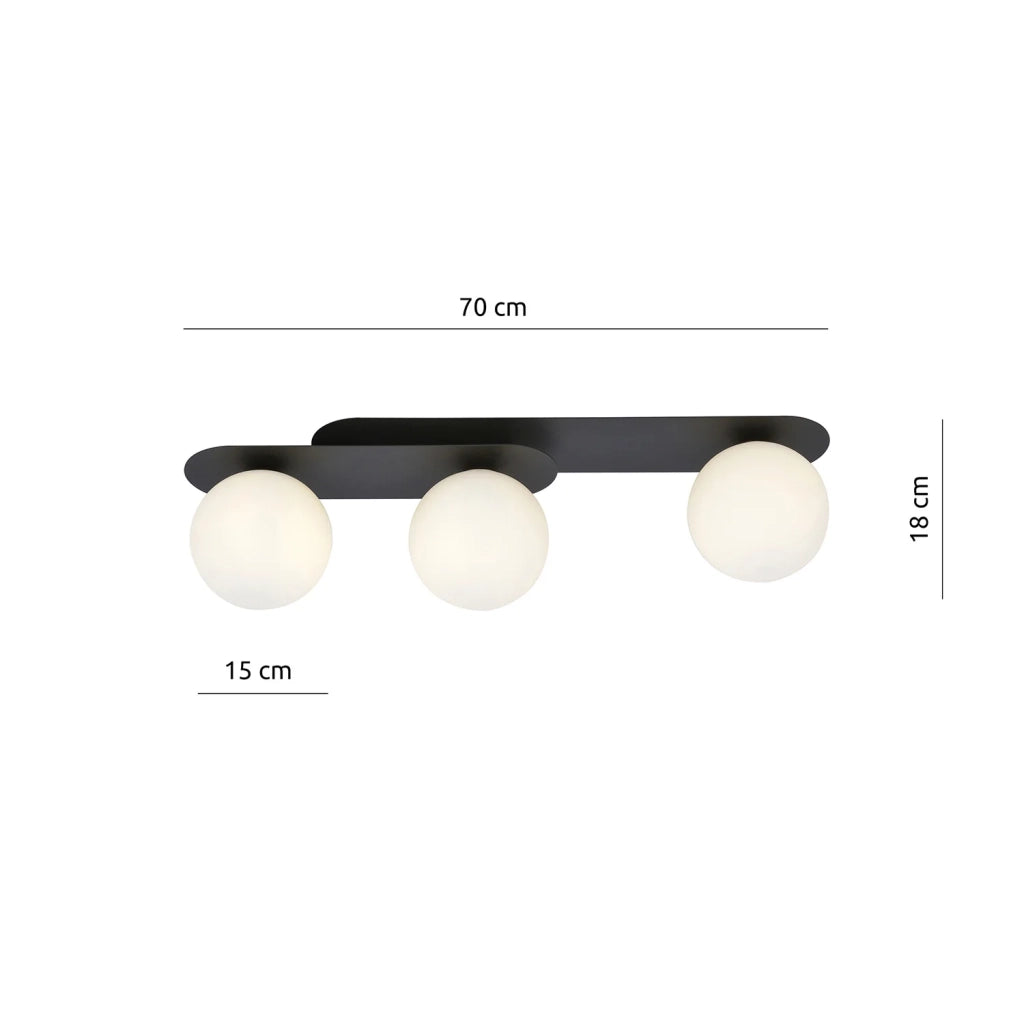 Plafoniera Minimal 3 Luci Teia In Acciaio Nero E Sfere Vetro Opale