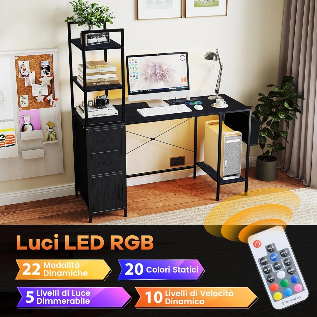 Scrivania con Libreria e Luci LED a Telecomando, Scrivania da Ufficio con Prese di Corrente, 2 Cassetti, 4 Ripiani e Anta, Scrivania per PC Salvaspazio con Tasca, 120 x 65 x 130 cm, Nero