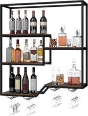 Scaffale per bottiglie di vino da parete, a 6 livelli, con 4 supporti in vetro e robusto telaio in metallo, per casa, bar, cucina, sala da pranzo e soggiorno