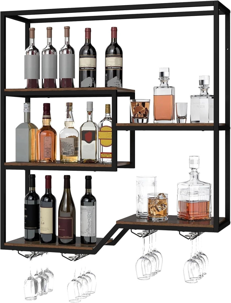 Scaffale per bottiglie di vino da parete, a 6 livelli, con 4 supporti in vetro e robusto telaio in metallo, per casa, bar, cucina, sala da pranzo e soggiorno