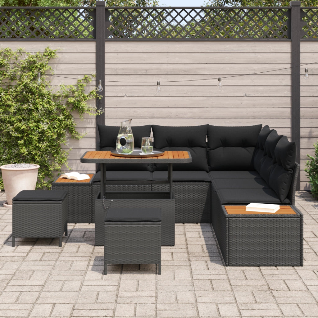 Set di Divani da Giardino 8 Pezzi con Cuscini Polyrattan Nero Acacia