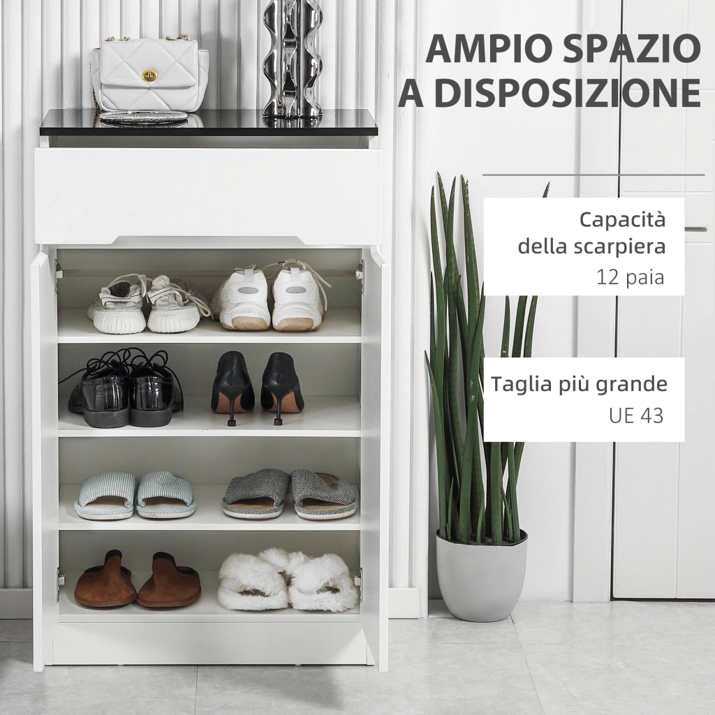 EasyComfort Scarpiera Slim da 12 Paia max per Ingressi con 3 Ripiani Regolabili e Cassetto, in Truciolato Bianco, 60x32x100 cm