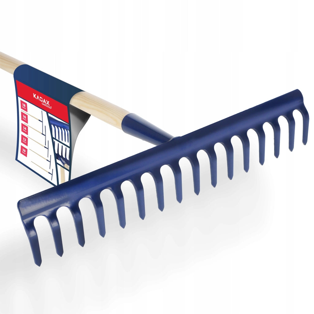 Rastrello da giardino KADAX con manico in legno, lunghezza 150 cm, denti in acciaio temprato, 16 denti.