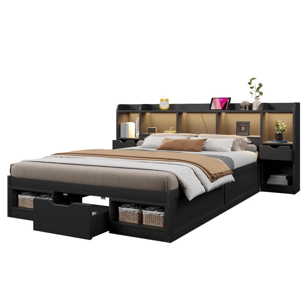 Letto piattaforma 140x200 cm con vani; 3 cassetti e illuminazione LED; nero