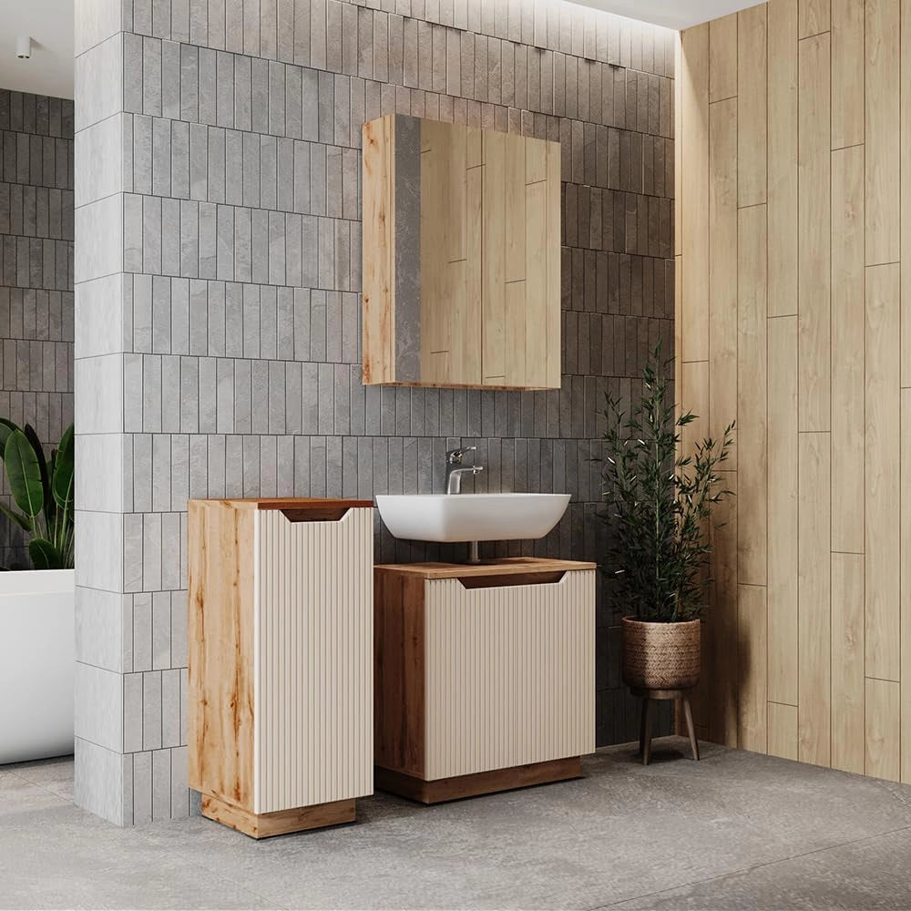 Set di mobili da bagno Lotta, Rovere/cashmere a righe, 3 parti