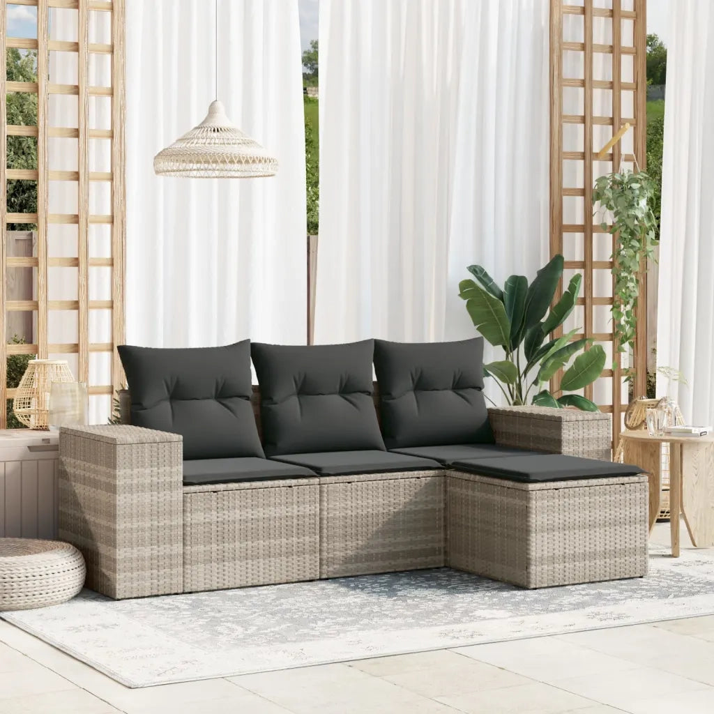 Set Divano da Giardino 4pz con Cuscini Grigio Chiaro Polyrattan