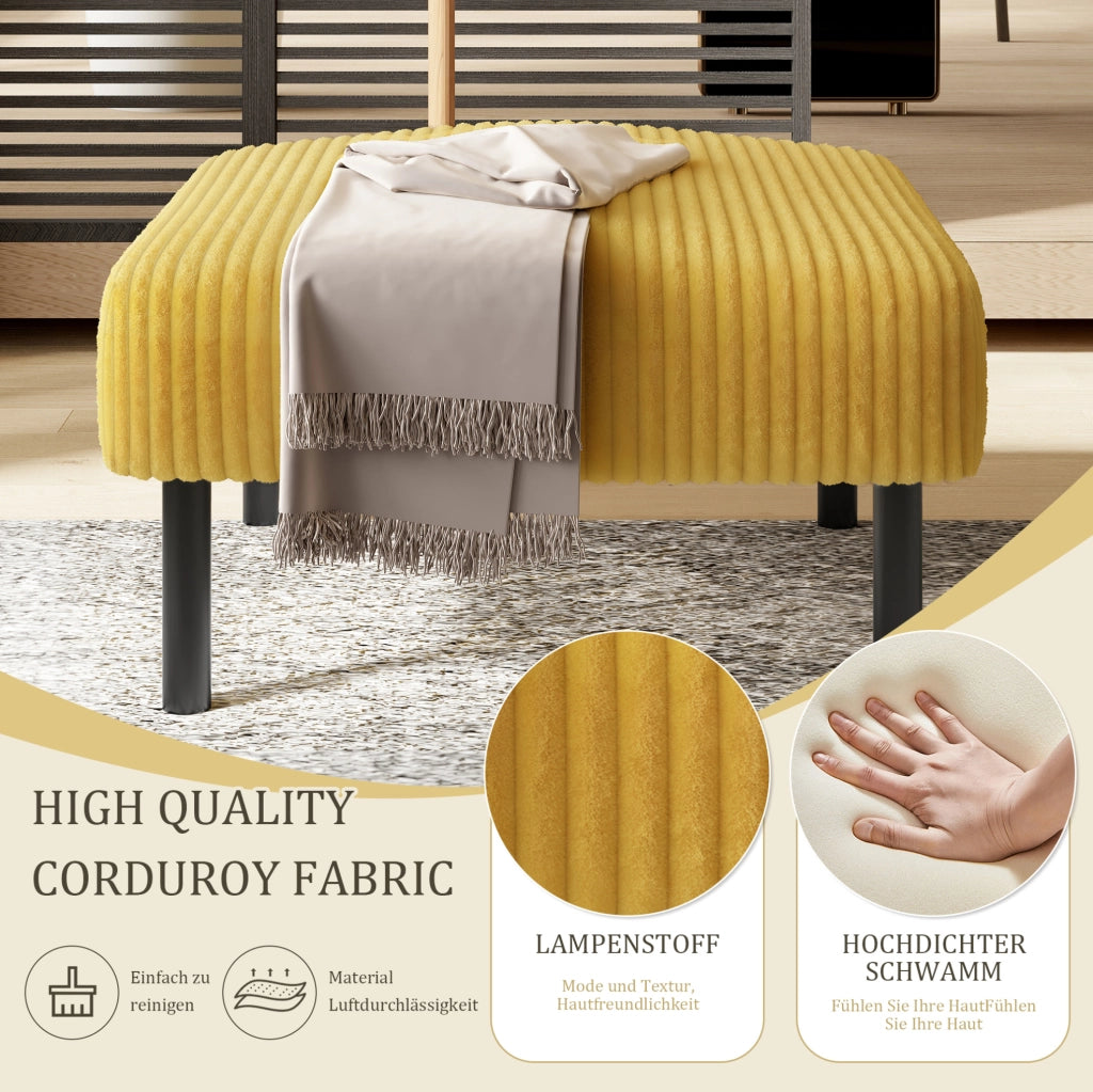 Pouf in tessuto a coste giallo 56 x 51 x 39 cm con struttura in metallo