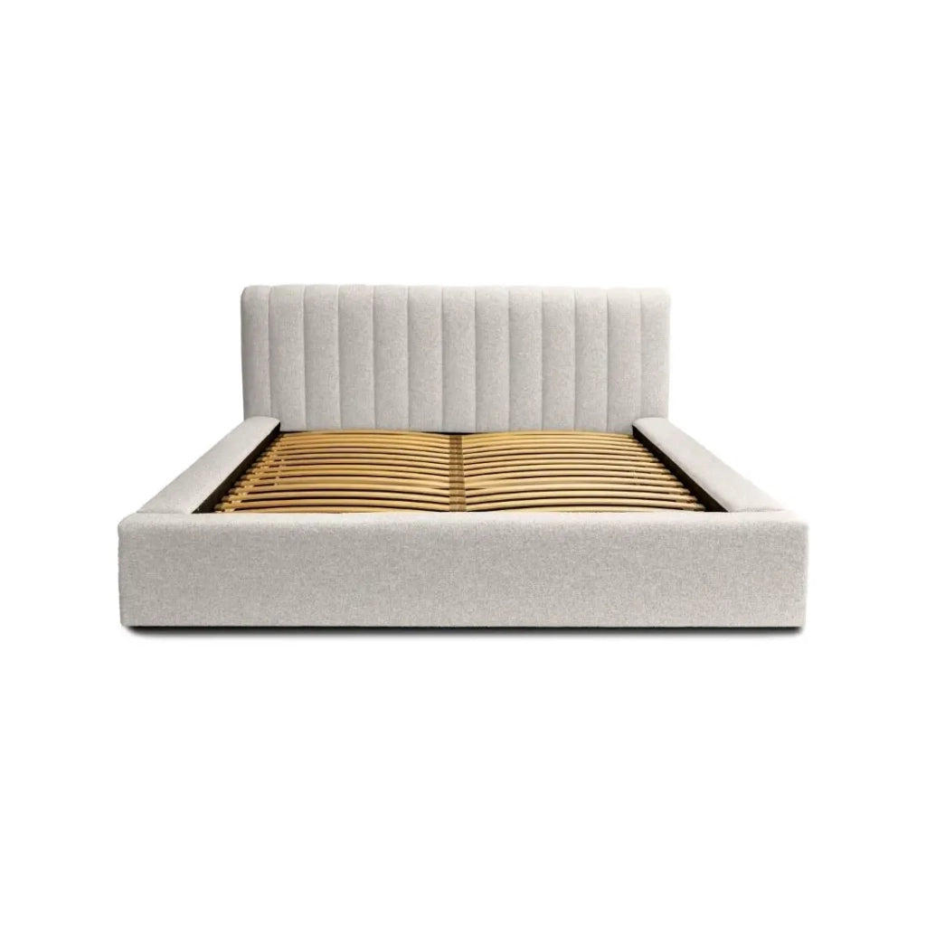 Letto contenitore CERVIN – Tessuto bouclé color sabbia nuvoloso – 140x200 cm – Rete sollevabile – Design di alta gamma