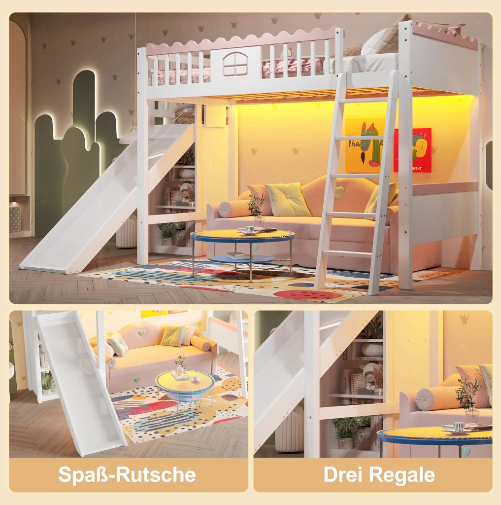 Letto a soppalco per bambini 90x200 cm con scivolo e LED