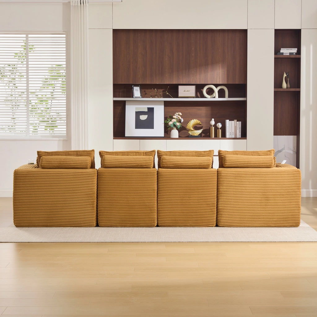 Divano modulare con tasche laterali cuscini schiuma e molle in velluto a coste arancione 322 × 161 × 75 cm