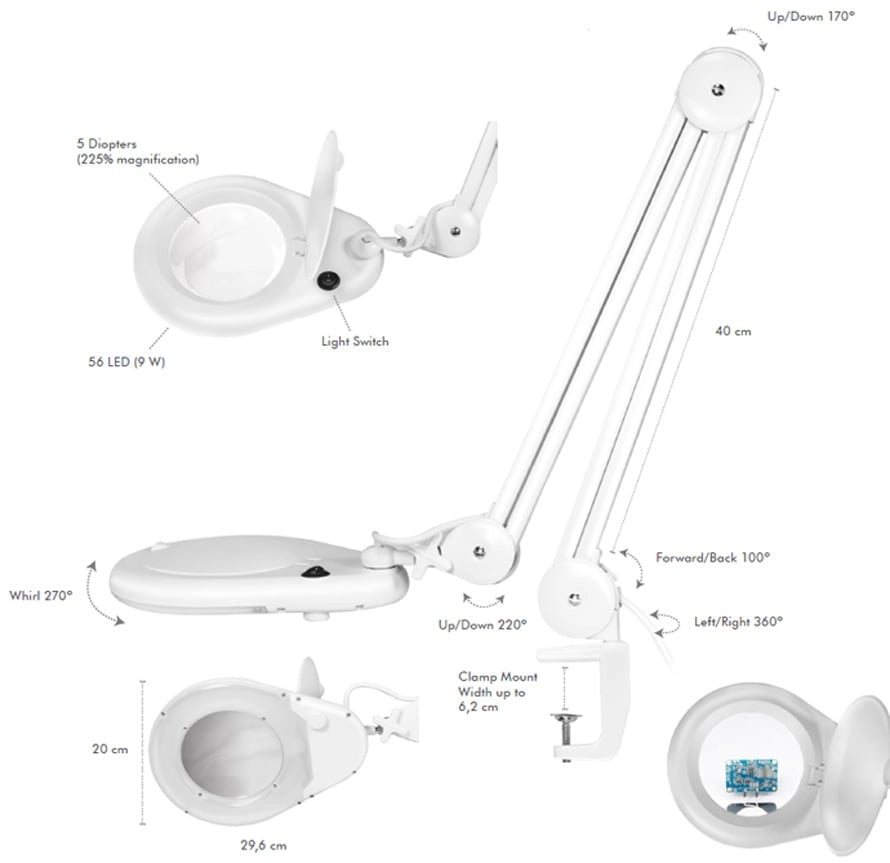 Lampada LED con Lente d'ingrandimento a 5 Diottrie Attacco a Morsetto