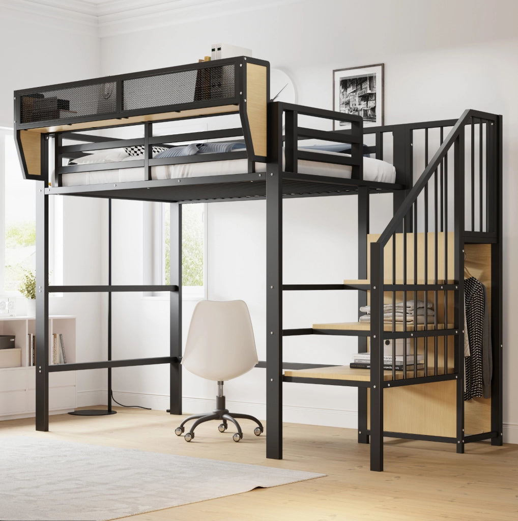 Letto a soppalco 90x200 nero con ripiano regolabile