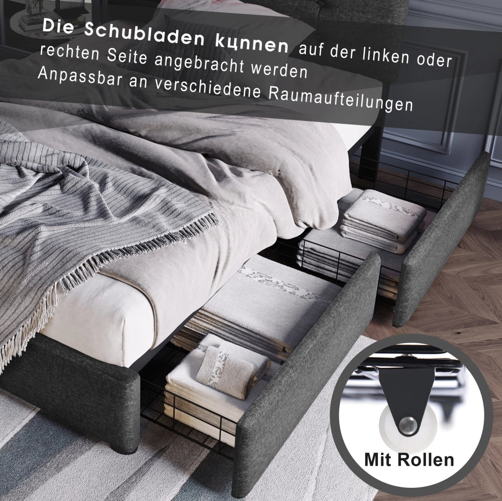 Letto singolo 90x200 cm in lino grigio con LED e 2 cassetti; testiera regolabile