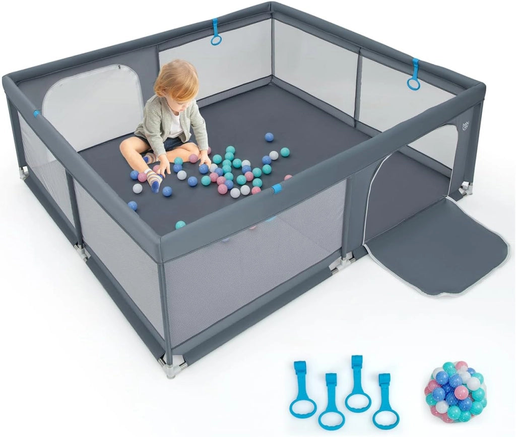 Recinto per Bambini, Box per Bambini con Rete Traspirante, Centro Attività per Bambini con 50 Palline, Box Giochi per Bambini 0-3 Anni (Grigio, 200 x 180 cm)