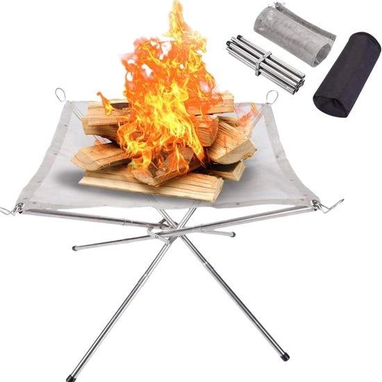 Vasca da fuoco portatile 56 * 56 * 43 CM - Corpo da fuoco opzionabile in RVS mesh - Inclusa tasca portatile - Corpo da fuoco in mesh di acciaio per BBQ e campeggio.