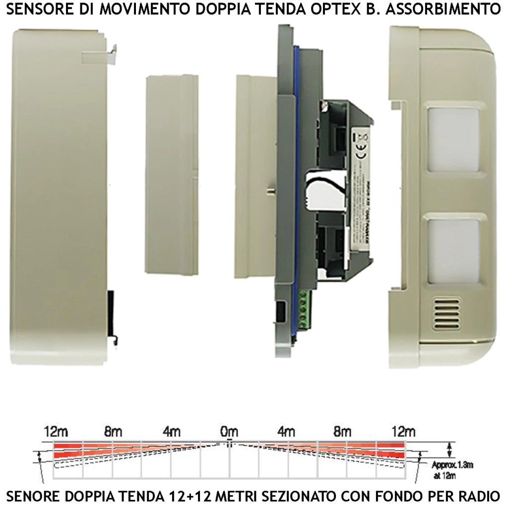 Rilevatore di Movimento 2 Pezzi Doppio Sensore Infrarosso a Tenda da Esterno 12+12 Metri Lineari IP55 Frequenza 868 MHz Bidirezionale Codice UNISAT Protezione Ponteggi Pareti Porticati Anti Jamming