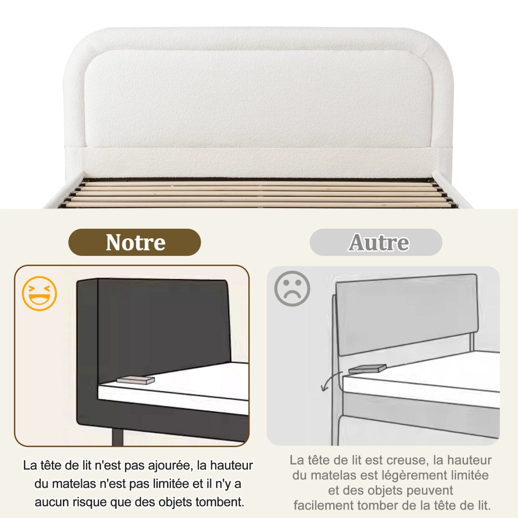 Letto Contenitore Matrimoniale 160x200 cm; Idraulico con Rete; in Bouclé Bianco