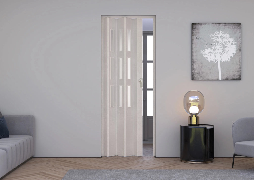Porta a Soffietto da Interno Maya 83x214 cm Made in Italy in PVC con Vetro Satinato Bianco Orizzontale Rilievo