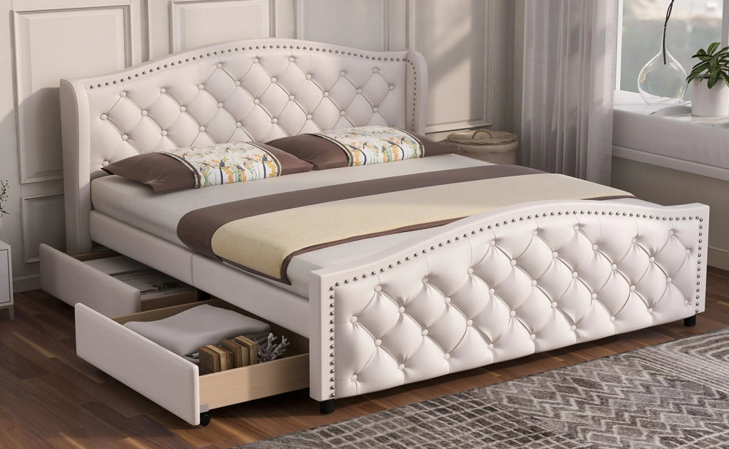 OKWISH Letto con Cassetti 160×200 cm, Letto Matrimoniale con 2 Cassetti, Testiera Chesterfield e Trapuntatura, senza Materasso, in PU, Bianco