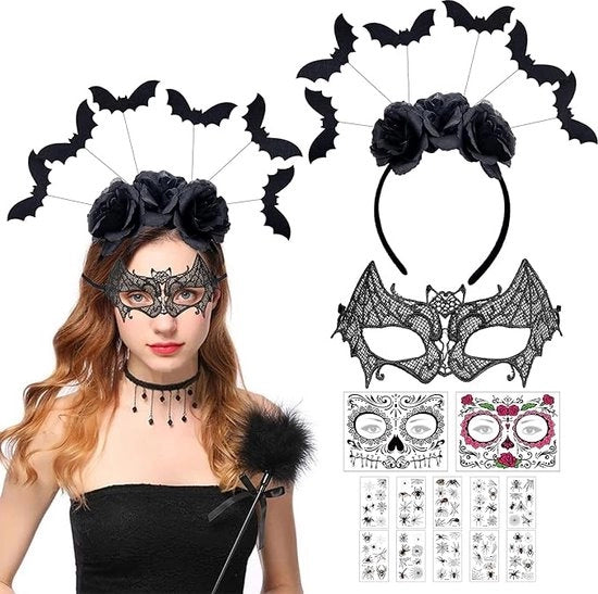 Accessorio Halloween con maschera di pipistrello per capelli e occhi di pipistrello con tatuaggi per il viso di pipistrello 

Modello: 
Specifica tecnica: 
Codice prodotto: