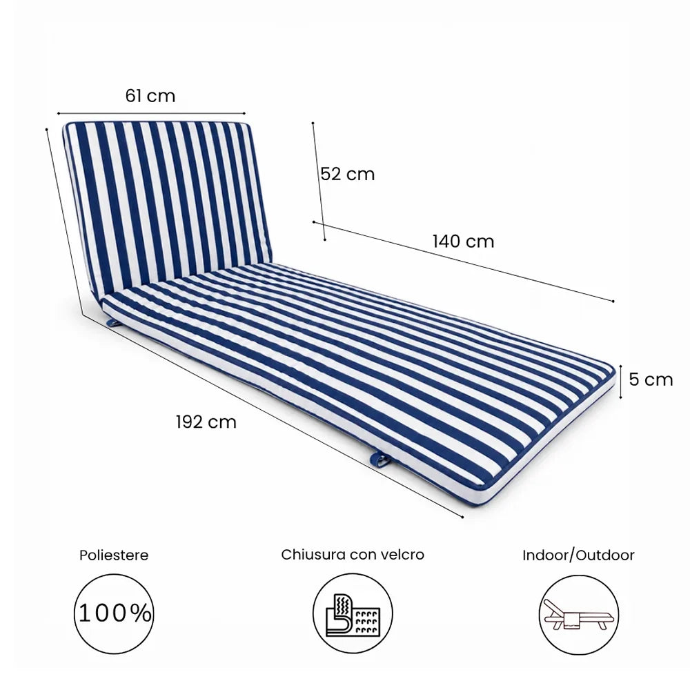Cuscino per lettino da esterno 192x61 cm a righe con schienale reclinabile e velcro in poliestere – Blu/Bianco