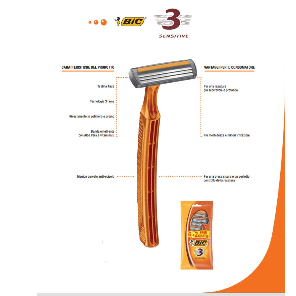 Bic rasoio 3 lame sensitive confezione da 6+2 rasoi