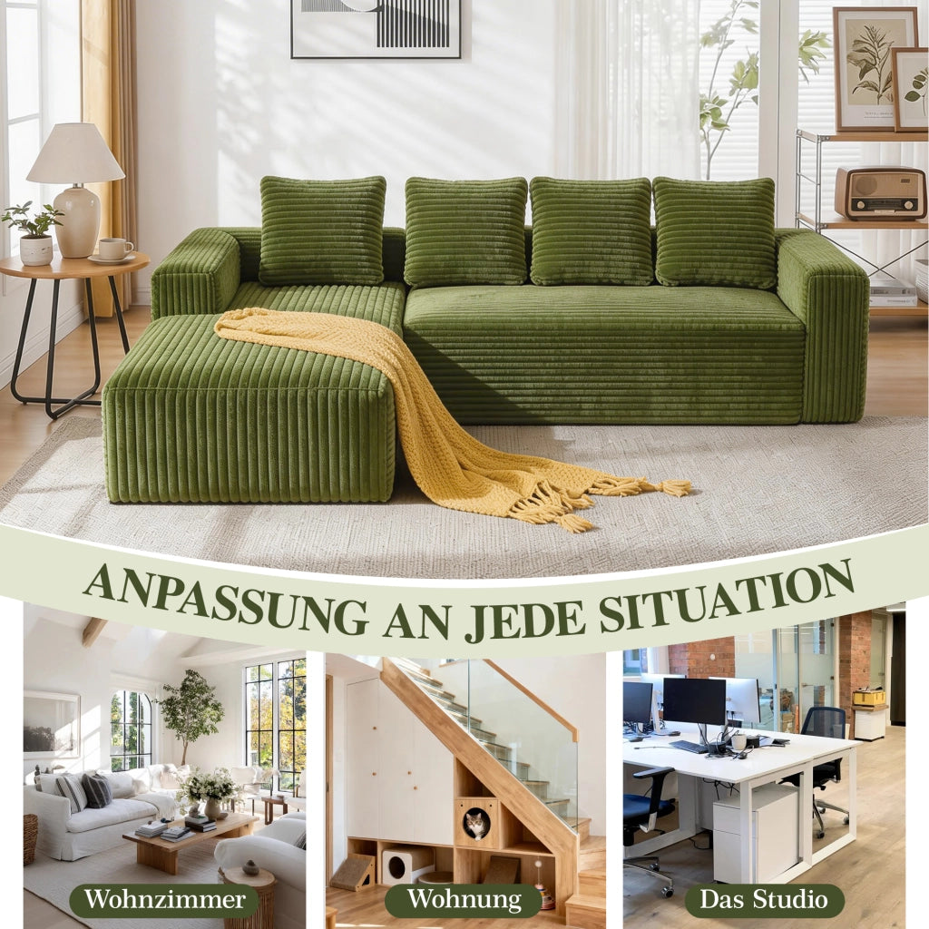 Divano angolare modulare reversibile con chaise longue e seduta profonda in velluto a coste verde 261 × 168 × 58 cm