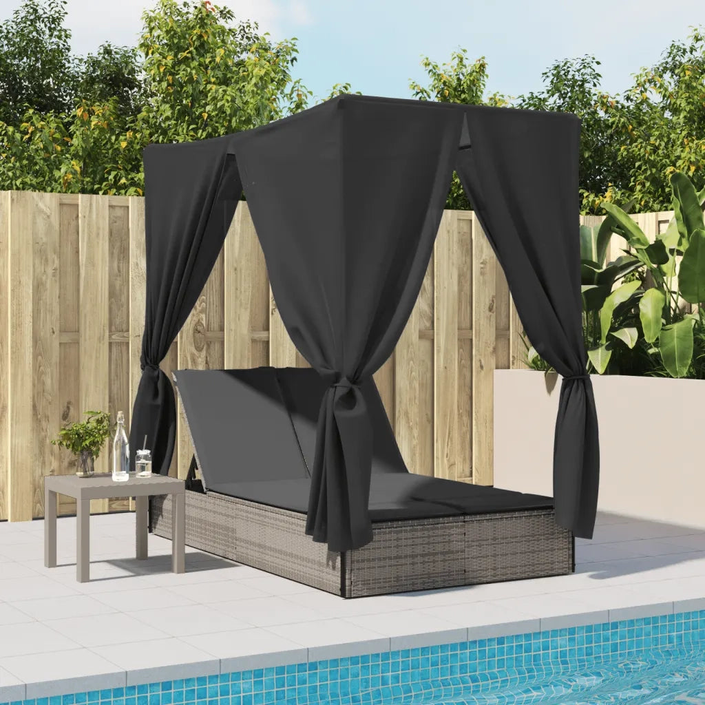 Lettino Prendisole | Sdraio da giardino | Lettino da sole Doppio Tetto e Tende Grigio in Polyrattan