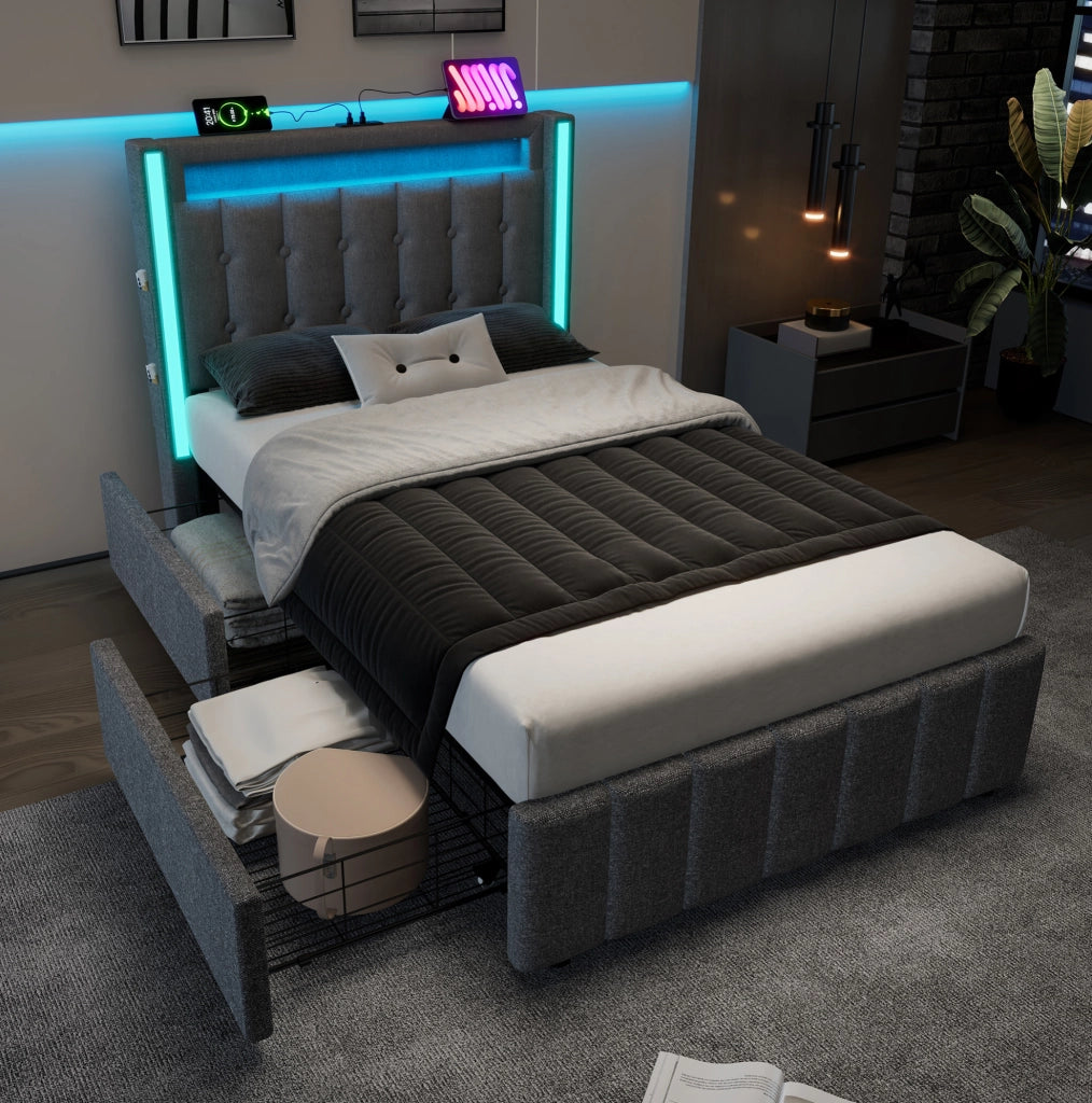 Letto singolo imbottito 90x200 cm con materasso, LED e USB-C