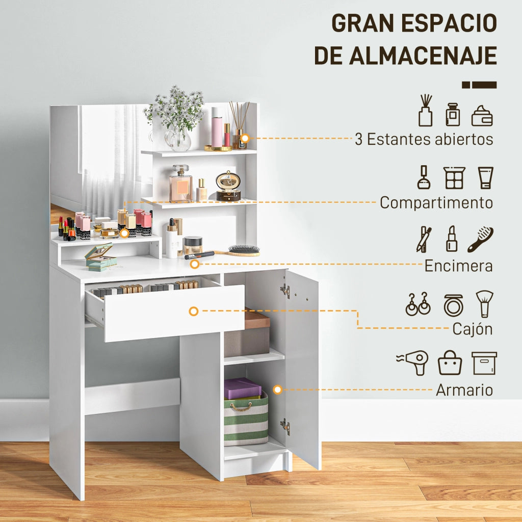 Cassettiera con Specchio e Sgabello ¨C Xylo ¨C Bianco Beige con Ripiani Aperti