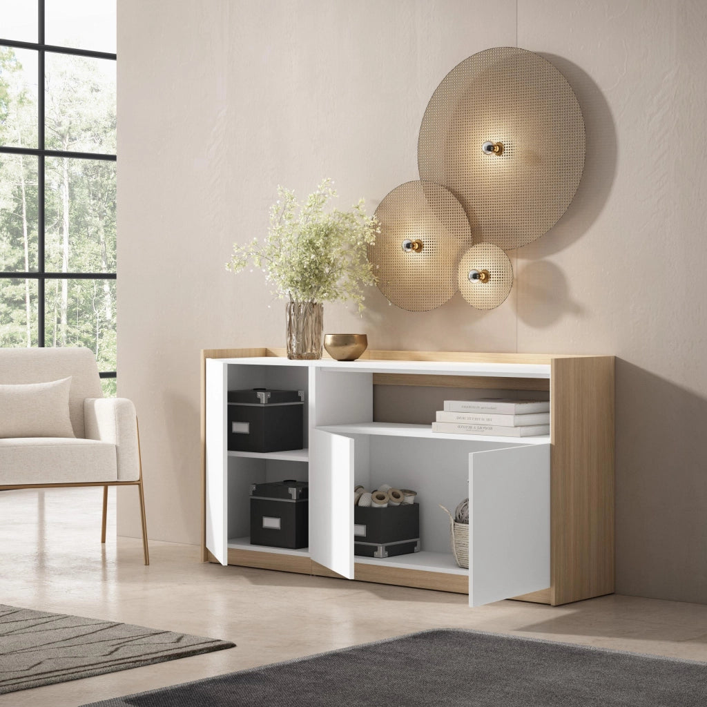 Credenza, Mobile, Cucina, 156x80x37 cm, 3 Porte, grande stoccaggio, Bianco e Rovere soft