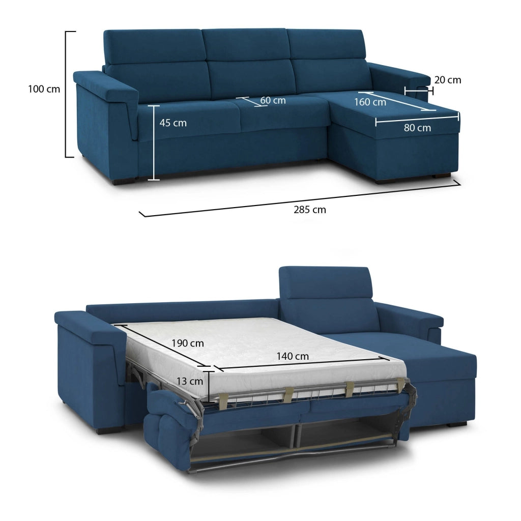 Esca, Divano Letto con Penisola Sfoderabile Made in Italy, 285x160 cm blu