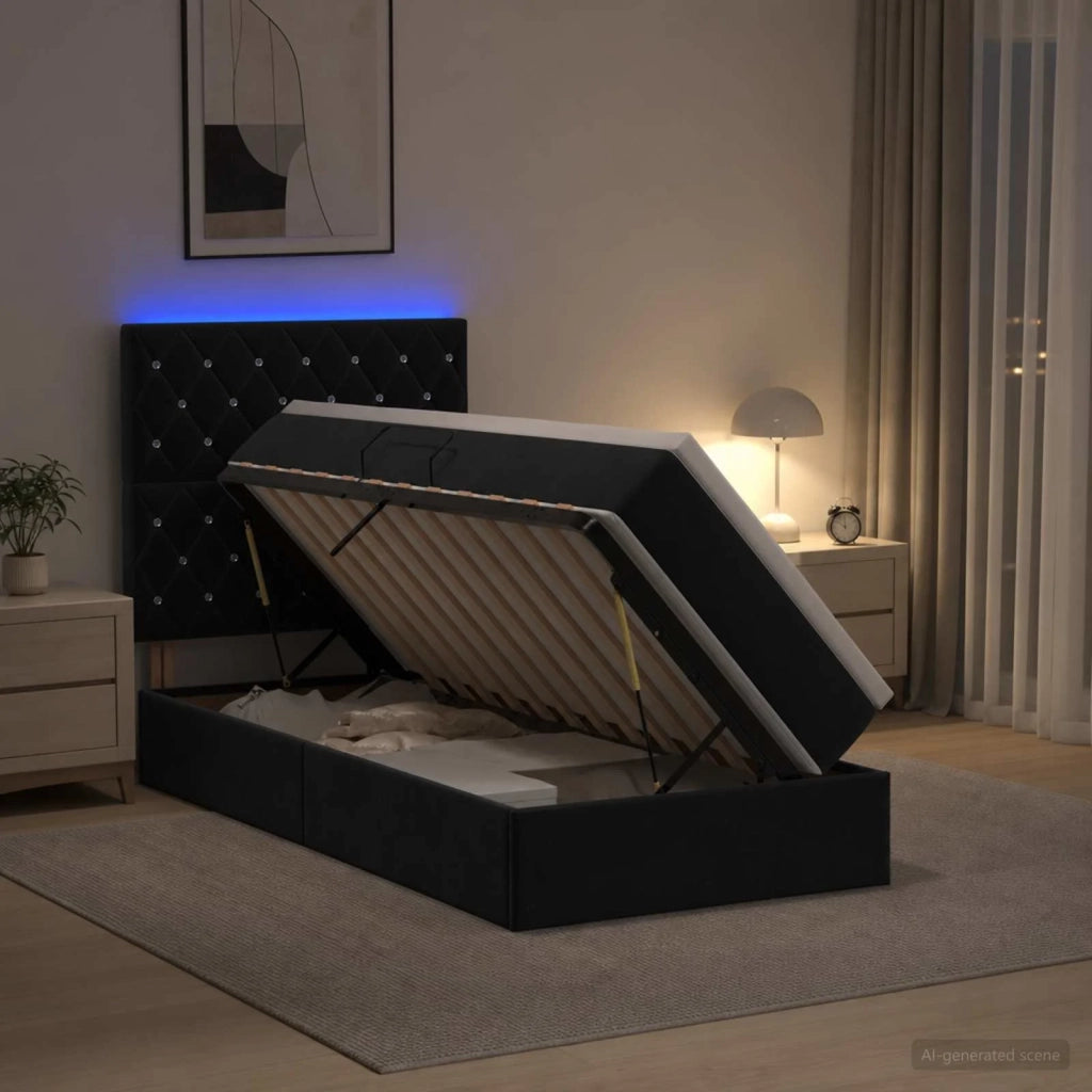 Letto con contenitore LED e materasso Nero 100 x 200 cm Velluto 3460052