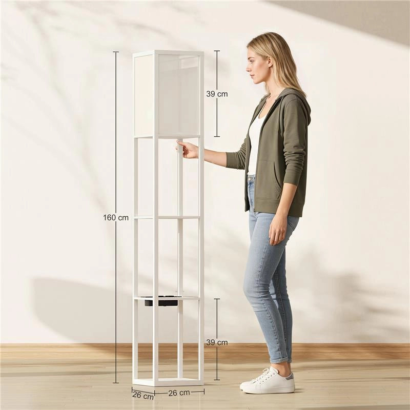 LAMPADA DA TERRA CON RIPIANI, LUCE REGOLABILE, INTERRUTTORE A PEDALE E PORTE USB, BIANCO