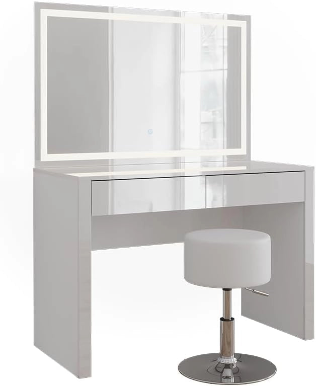 Tavolo da toilette Annabelle, Bianco lucido/bianco, 110 cm con specchio LED e sgabello, Tiene sempre a portata di mano i prodotti di uso quotidiano
