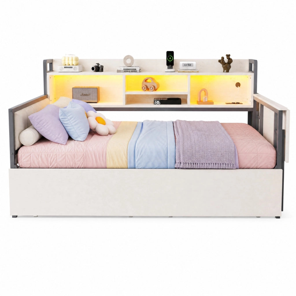 Letto multifunzione 90 x 200 cm in metallo, con LED, cassetti, scrivania estraibile e vano contenitore, bianco