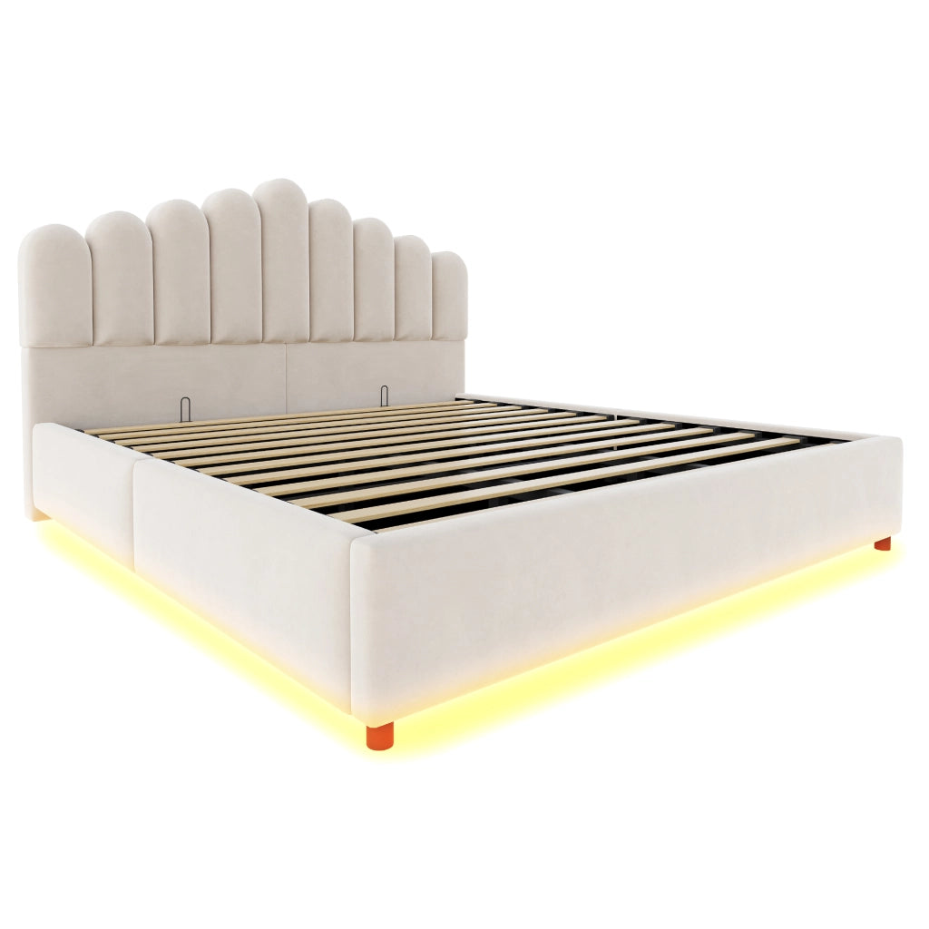 Letto imbottito 180x200 cm con contenitore idraulico, testiera trapuntata, LED e struttura in velluto beige