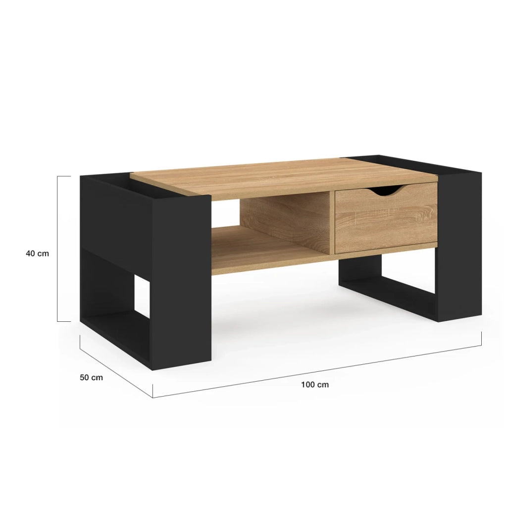 IDMarket - Tavolino rettangolare BERYL con cassetto in legno nero ed effetto faggio