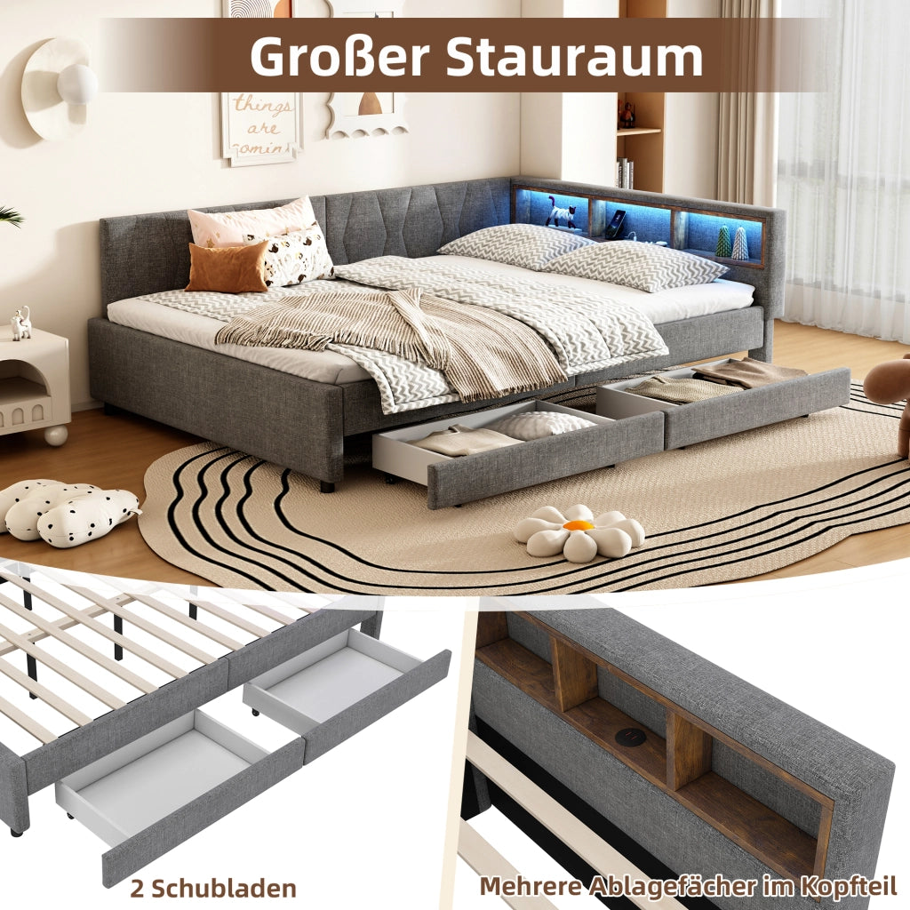 DESMIU Letto a divano 140 × 200 cm 2 posti con USB, Type-C, LED regolabile e 2 cassetti senza materasso, grigio