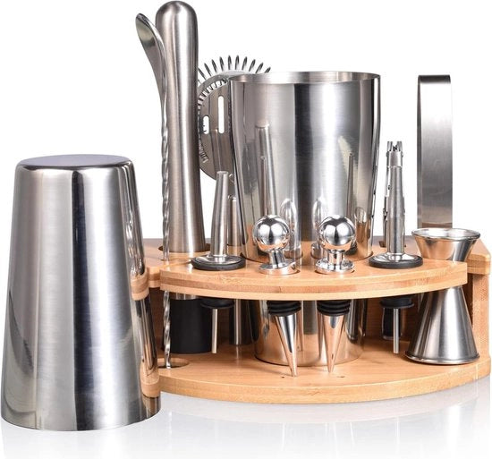 Set di shaker per cocktail da 12 pezzi con maniglia in bambù - set di barista in acciaio inossidabile - 750 ml - set di bar per regali - libretto di ricette - set di bar per amici - uomini - donne