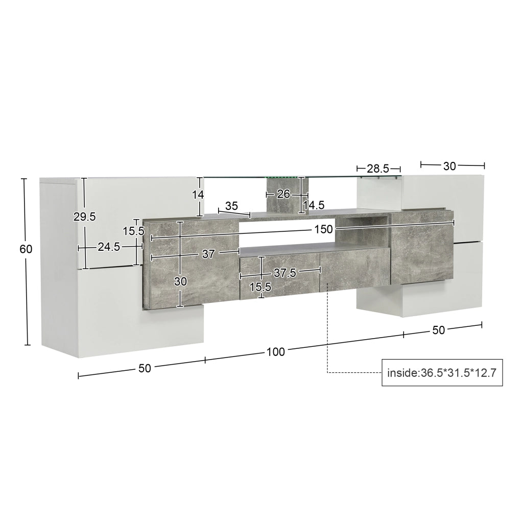 OKWISH Mobile TV con 6 Ante, 2 Cassetti e 3 Vani, LED, MDF, Bianco Lucido e Grigio Cemento, 200 x 35 x 60 cm