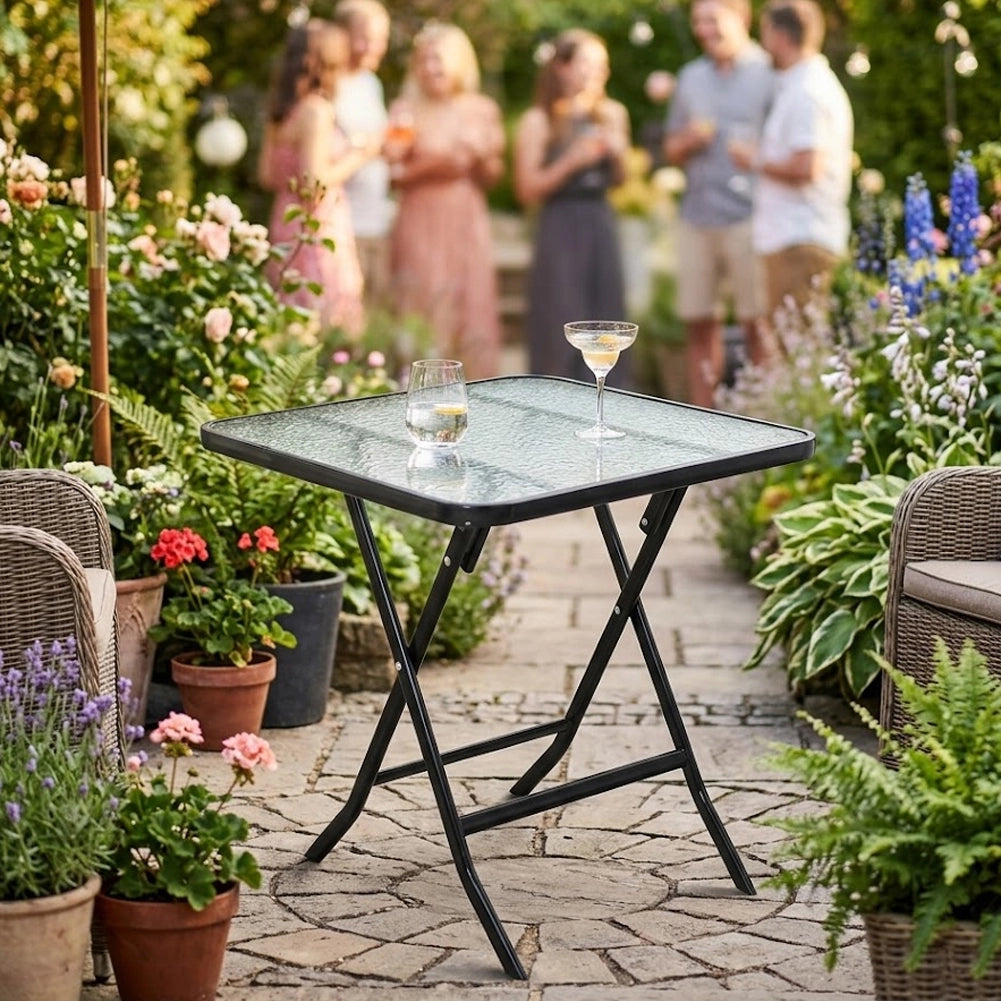 Tavolino Pieghevole Quadrato con Struttura Nera Tavolo Piano in Vetro 60x60x71cm