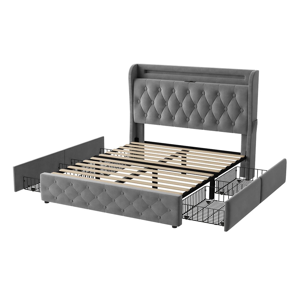 Letto imbottito 140x190 - Xylo - LED, USB, testiera con scaffali, 4 cassetti, velluto