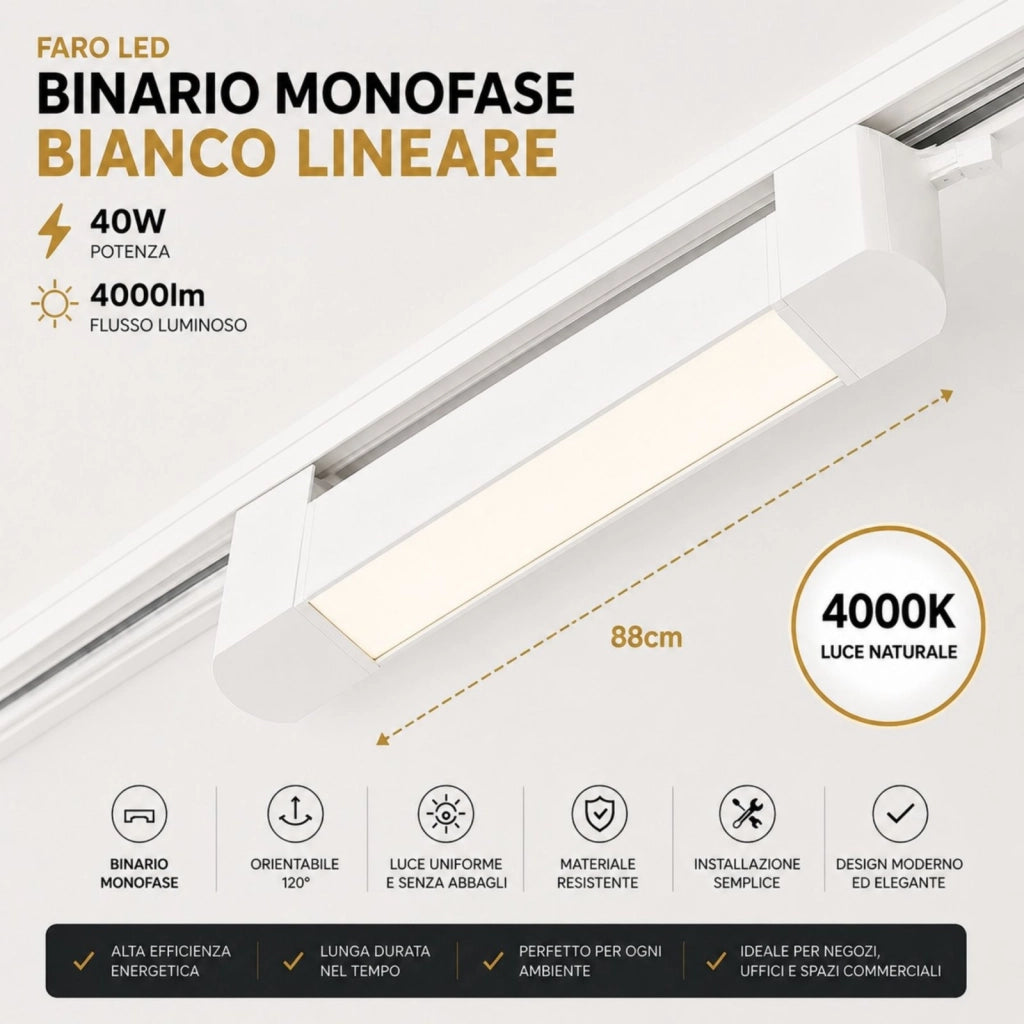 Faro Led Binario Monofase, Bianco Lineare 88cm 40W 4000lm 120° Orientabile, Disponibili 3000K 4000K (Bianco Neutro 4000K)
