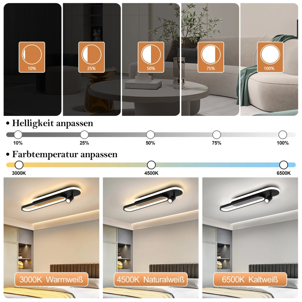 ZMH Lampada da soffitto plafoniera LED 46W nera dimmerabile con 1 faretto telecomando per soggiorno