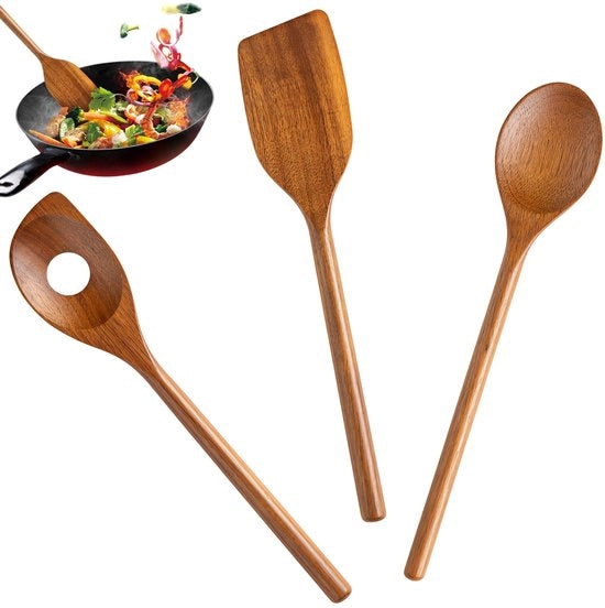 Set di cucchiai in legno per cucina - 3 pezzi - Antiscivolo - Cucina ecológica in acacia - Utensili antibatterici per cucina